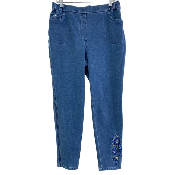 Quacker Factory Floral Embroidered Rhinestone Hem Pull On Jeans Size L Mcbling - Picture 1 of 8